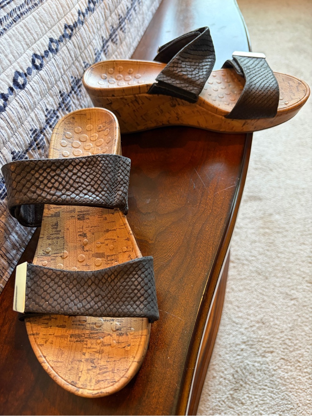 Vionic Black Textured Double-Strap Cork Wedge Sandals